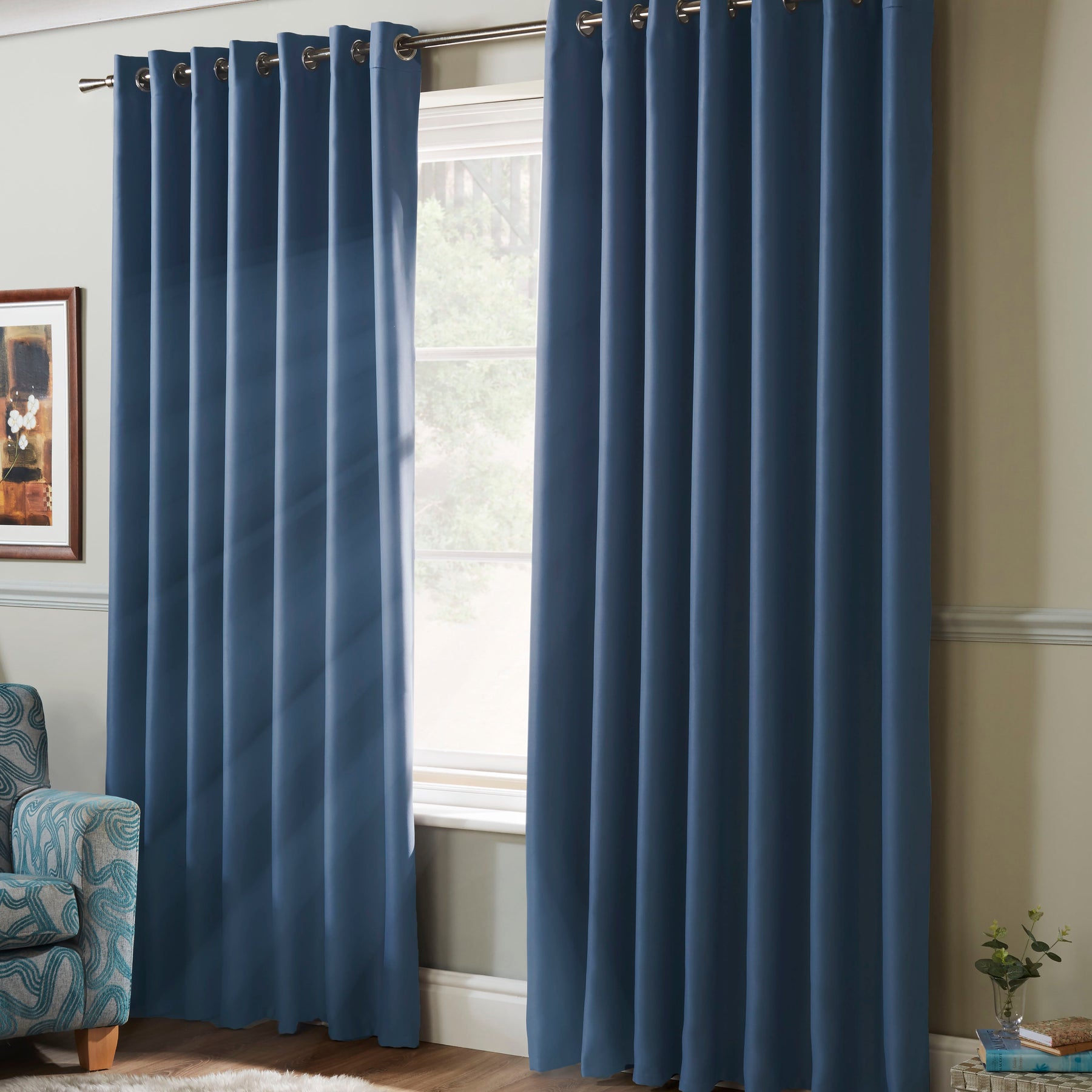 100% Blackout Ready Made Eyelet Blackout Curtains Blue