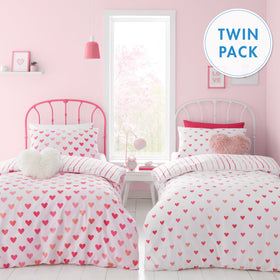 Catherine Lansfield Hearts and Stripes Two Pack Bedding Set Pink White
