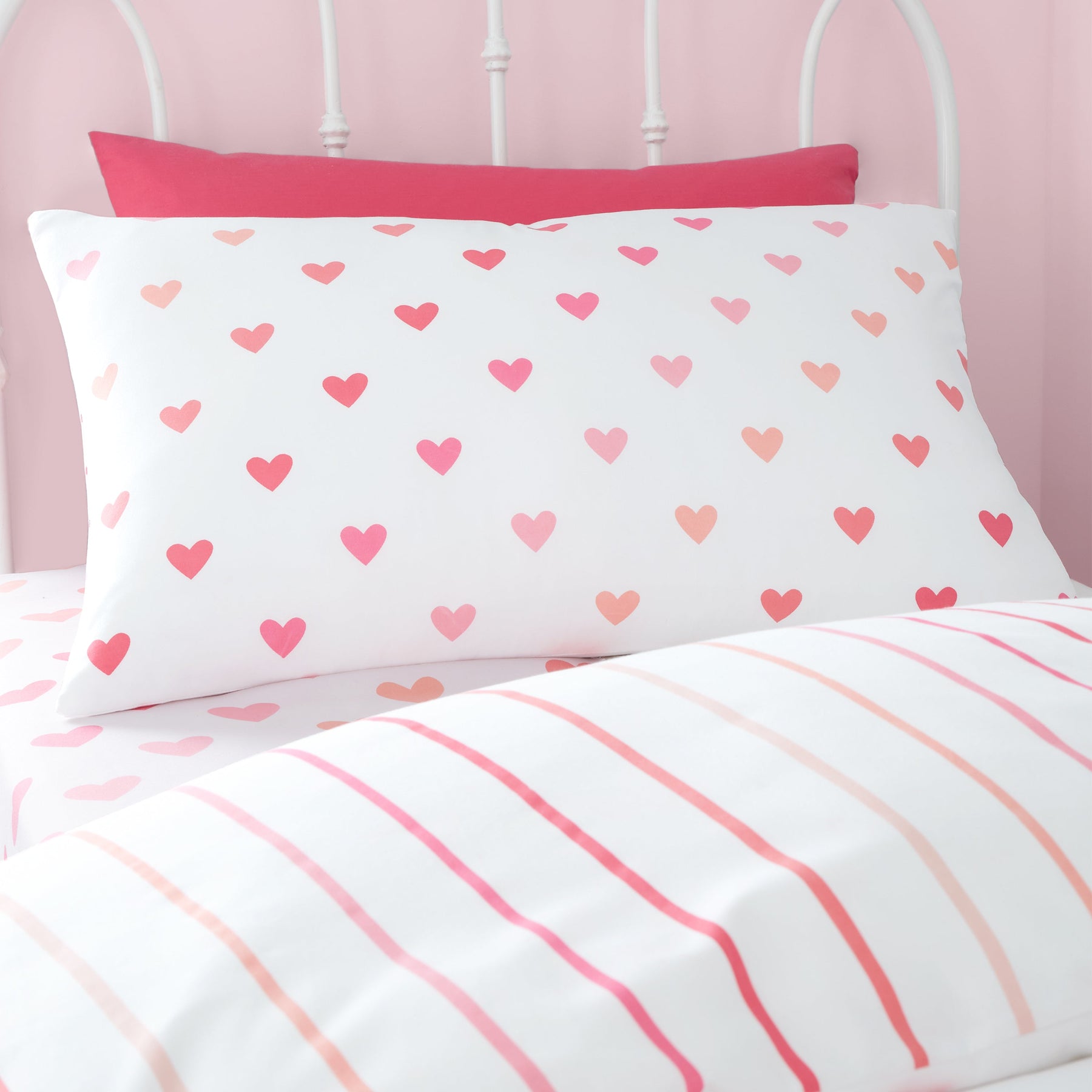 Catherine Lansfield Hearts and Stripes Two Pack Bedding Set Pink White