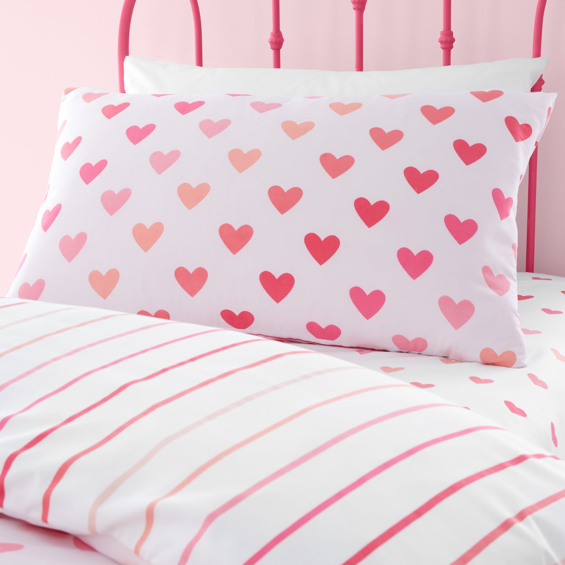 Catherine Lansfield Hearts and Stripes Two Pack Bedding Set Pink White