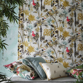 Clarke & Clarke Palm Fabric Charcoal and Citron