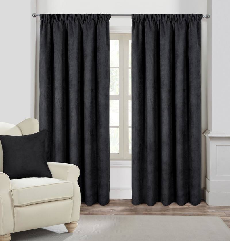 Faux Suede Ready Made Lined Curtains Black