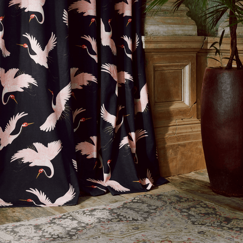 Paloma Home Oriental Birds Curtain Fabric Navy